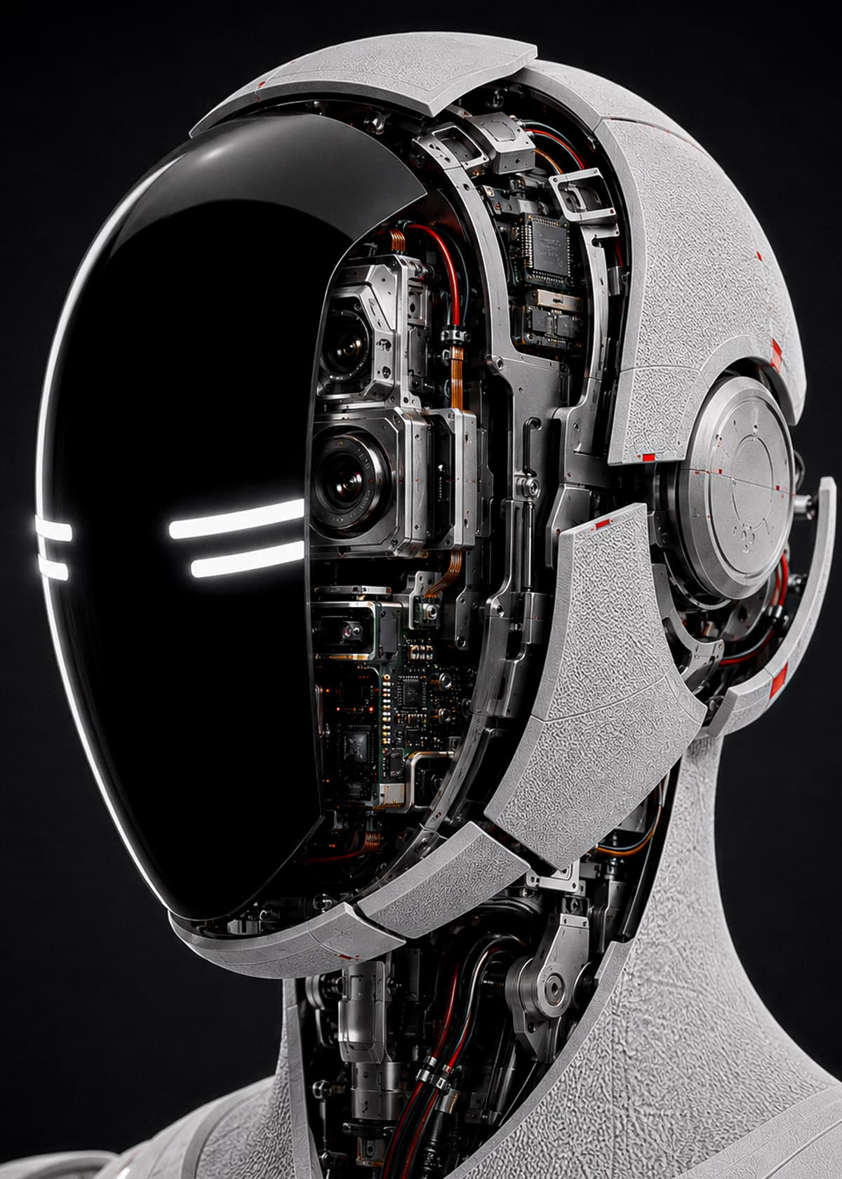 Robot umanoide A1 aperto: interno della testa con ottiche, dissipatore e logo illuminato.