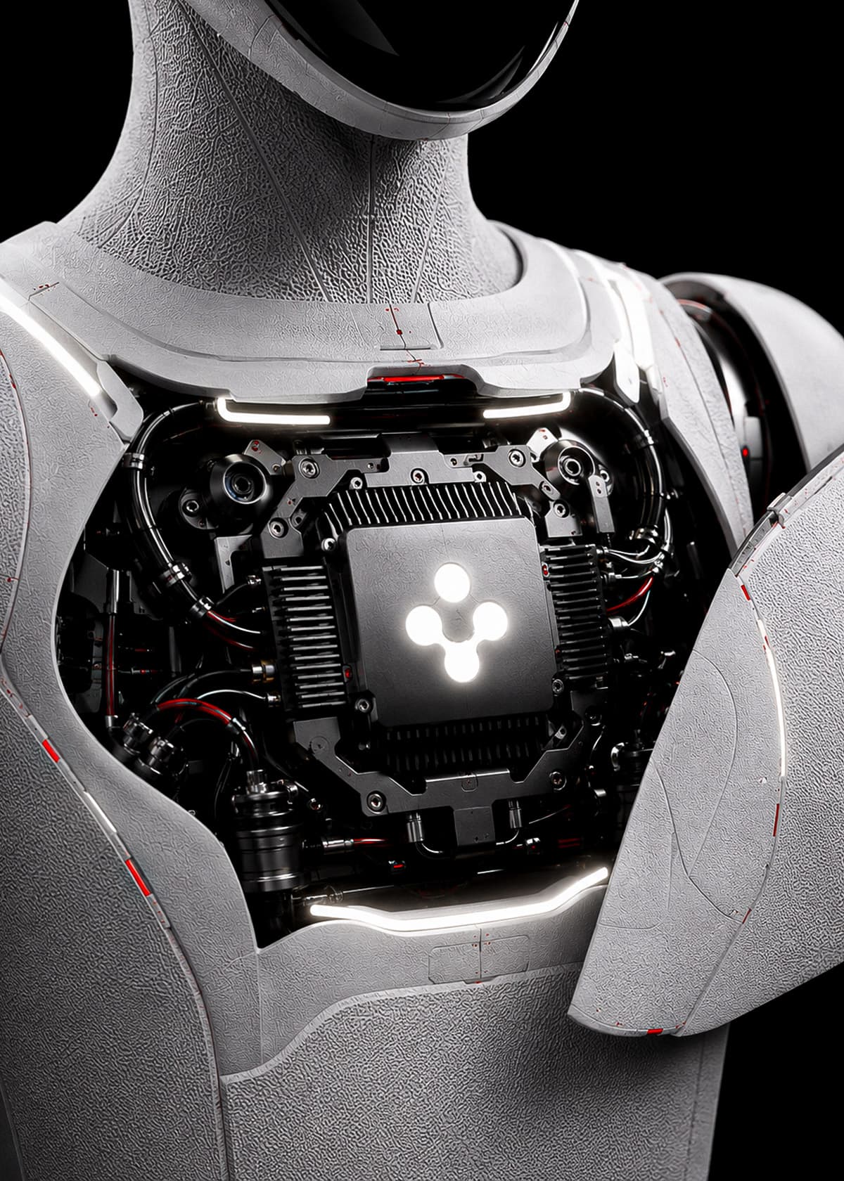 Robot umanoide A1 aperto: interno della spalla con schede elettroniche e logo illuminato.