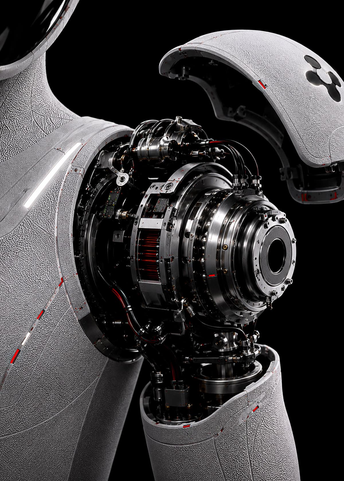 Robot umanoide A1 aperto: attuatore circolare di spalla con la scocca rimossa.