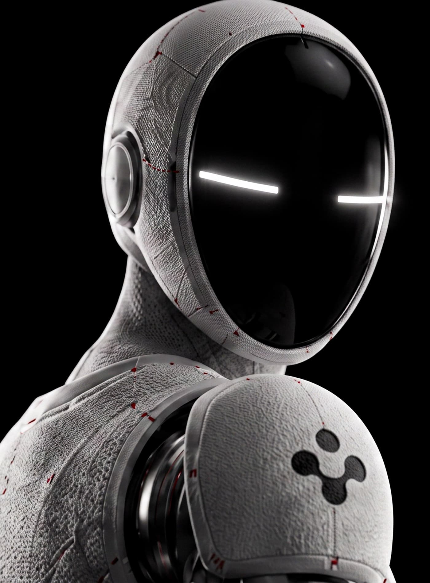 Robot umanoide A1: primo piano del visore nero con due LED espressivi accesi, sopra il collo in maglia tecnica bianca.