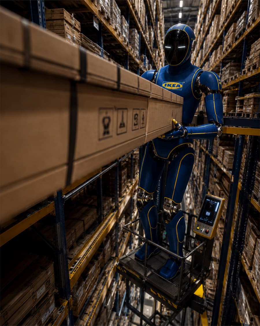 Robot umanoide A1 al lavoro: movimenta scatoloni tra le scaffalature alte di un magazzino.