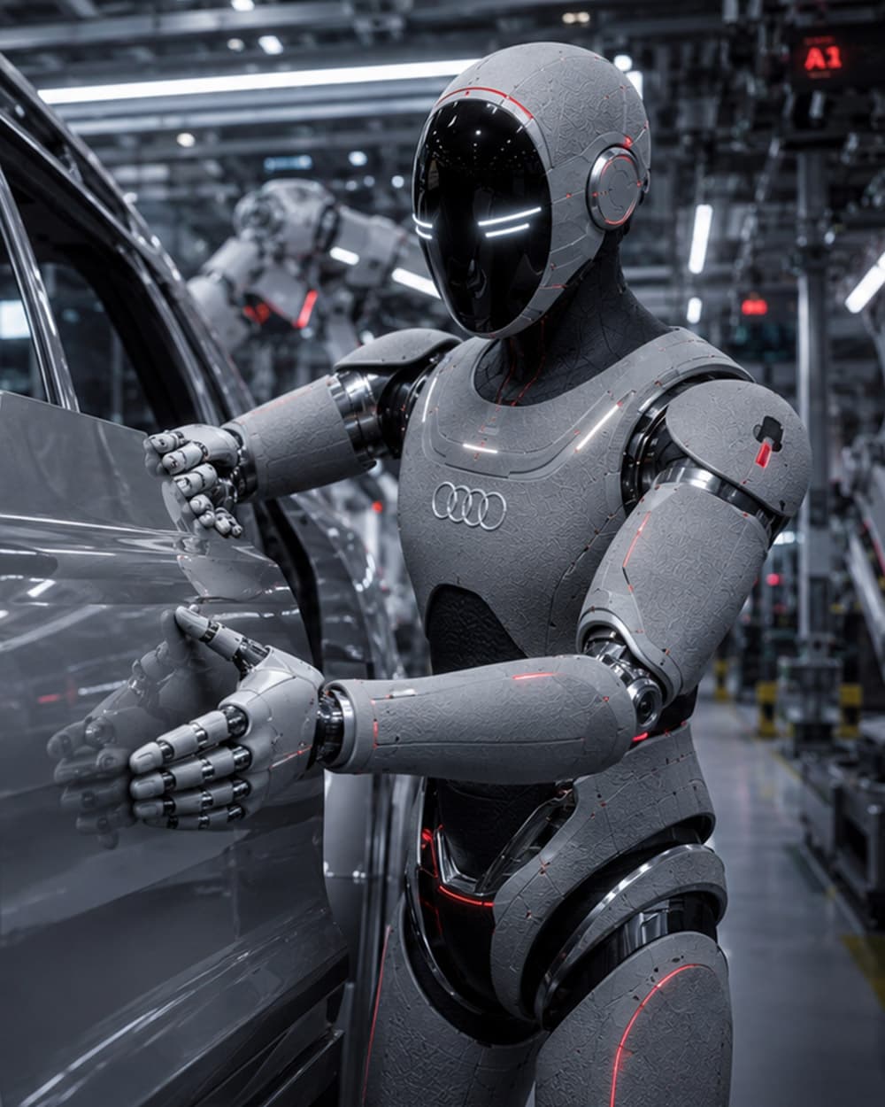 Robot umanoide A1 al lavoro: in linea di montaggio automobilistica mentre posiziona un cristallo.