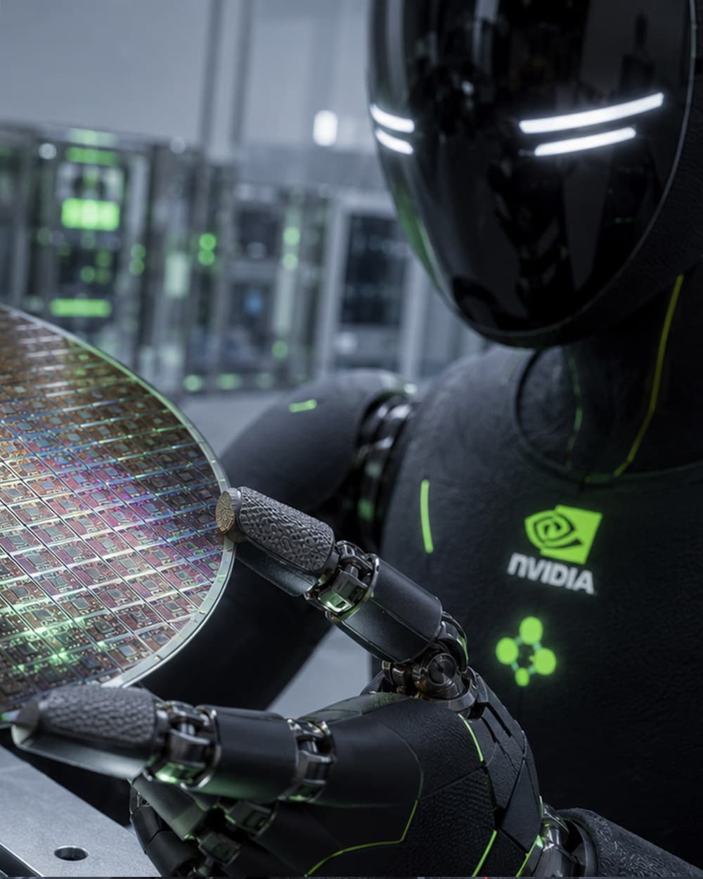 Robot umanoide A1 al lavoro: in camera bianca manipola un wafer di silicio con una pinza.