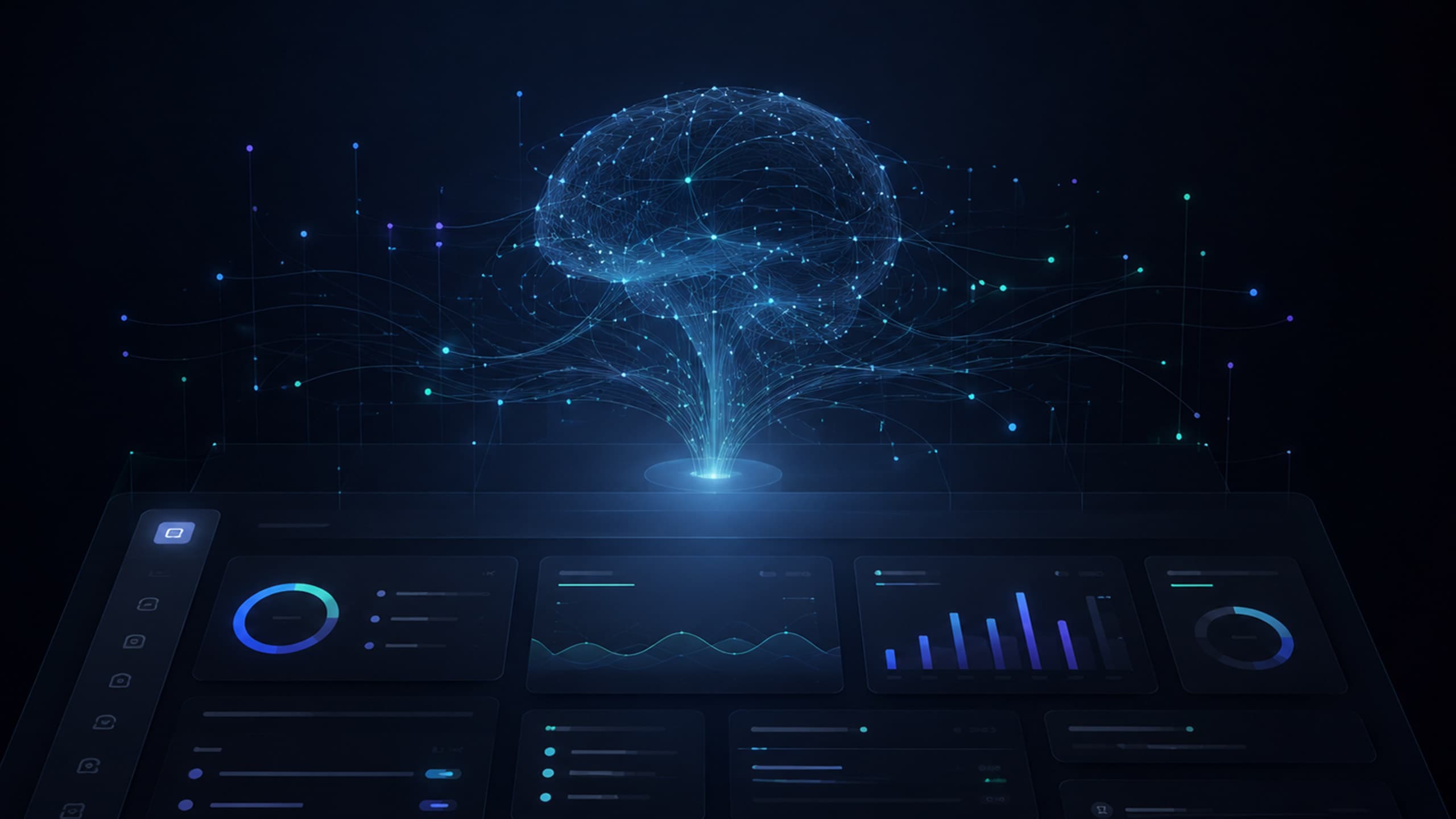 Control Room: una rete neurale luminosa che si solleva da una dashboard scura di grafici e indicatori.