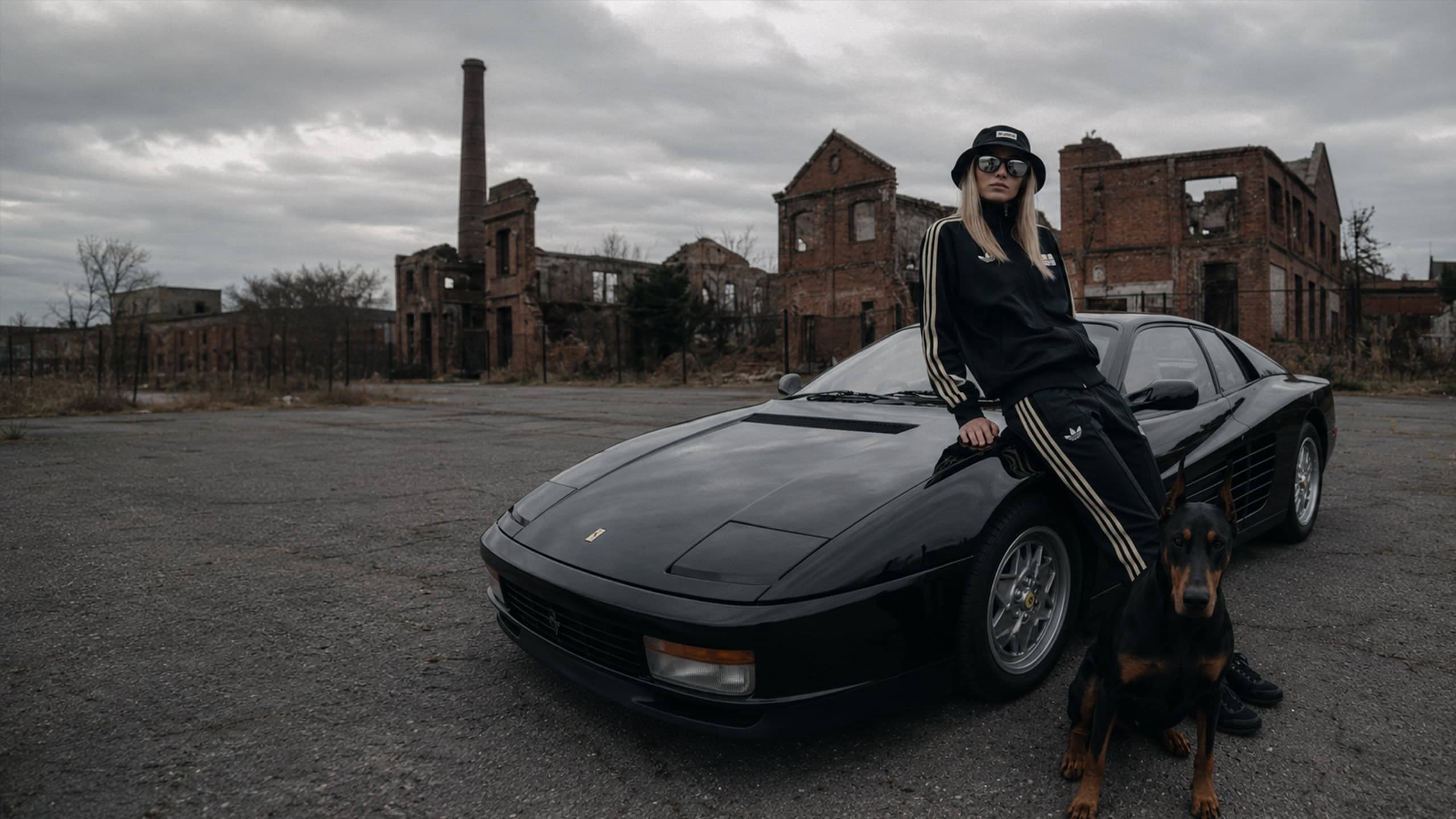 Campagna moda generata con AI: modella bionda in tuta sportiva vintage appoggiata a una coupé nera davanti a una fabbrica dismessa, con un dobermann accanto.