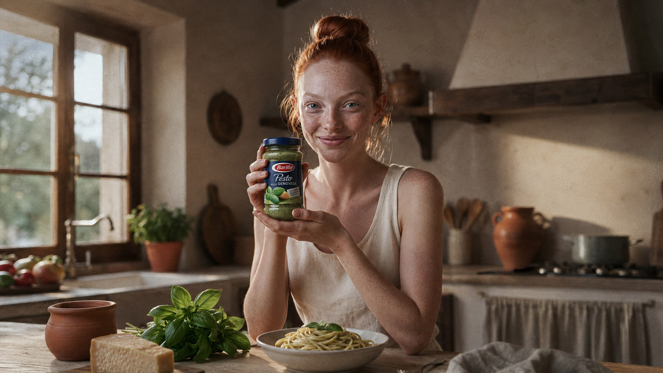 Visual food generato con AI: ragazza dai capelli rossi in una cucina rustica mostra un barattolo di pesto accanto a un piatto di spaghetti e a un mazzo di basilico.