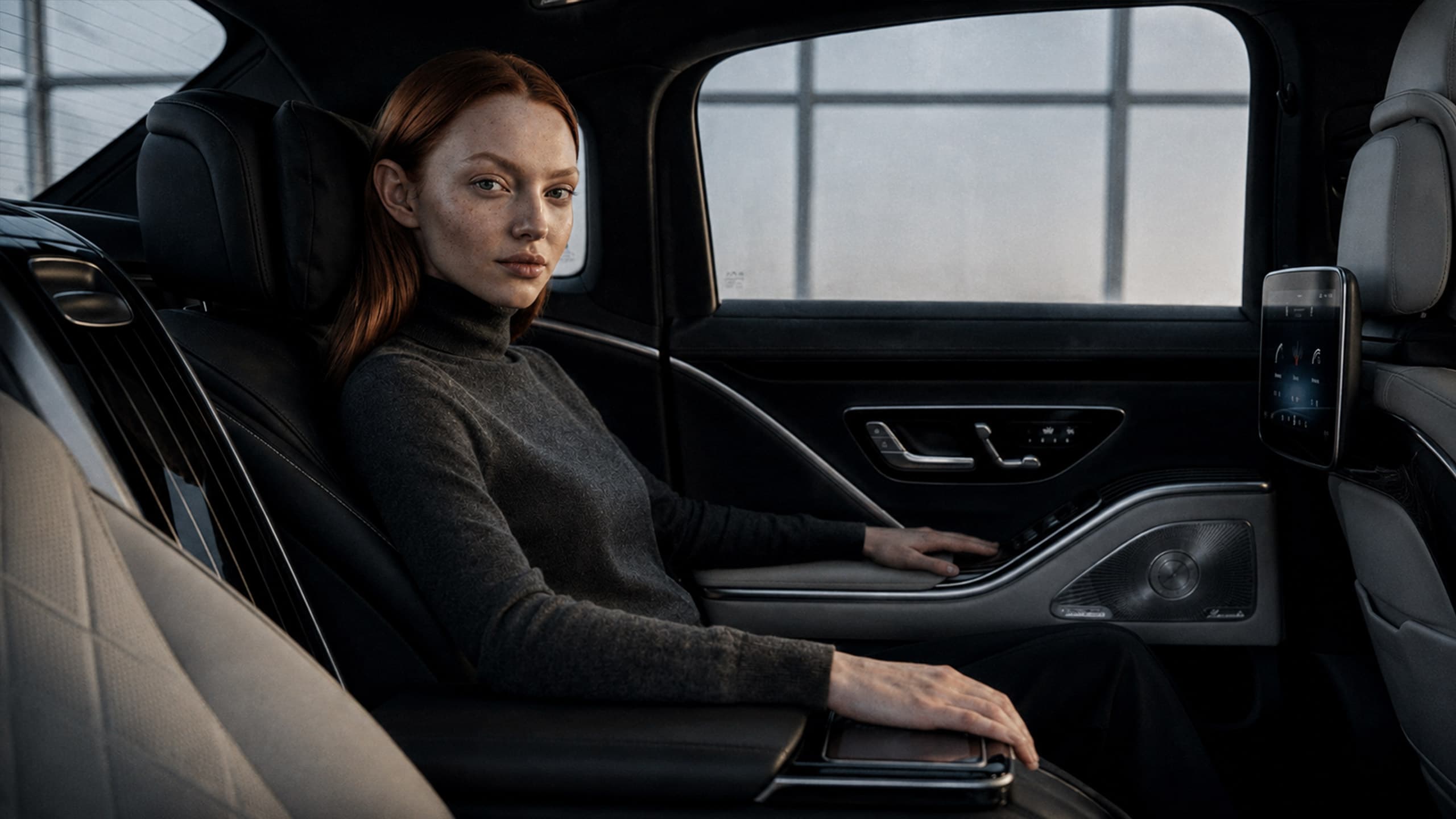 Visual automotive generato con AI: modella con maglione a collo alto seduta sui sedili posteriori di una berlina di lusso, accanto allo schermo di bordo.