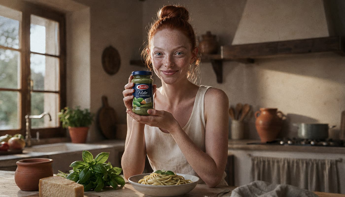 Visual food generato con AI: ragazza dai capelli rossi in una cucina rustica mostra un barattolo di pesto accanto a un piatto di spaghetti.
