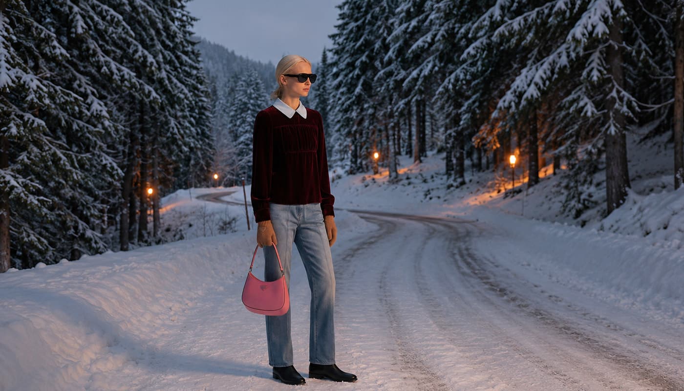 Campagna moda invernale generata con AI: modella in blusa di velluto con borsa rosa su una strada innevata tra gli abeti, al crepuscolo.