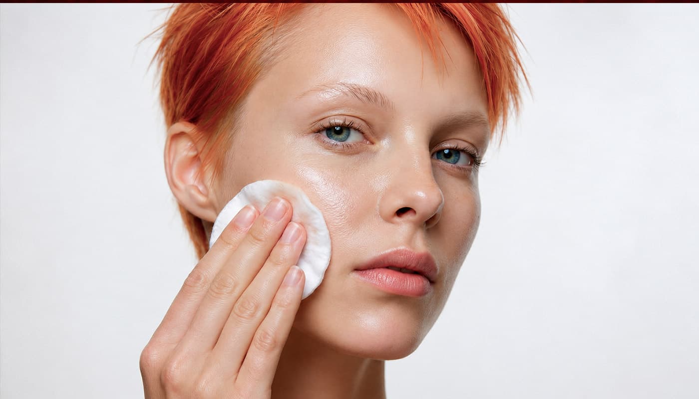 Scatto beauty generato con AI: primo piano di modella dai capelli rossi corti che si passa un dischetto di cotone sulla guancia.