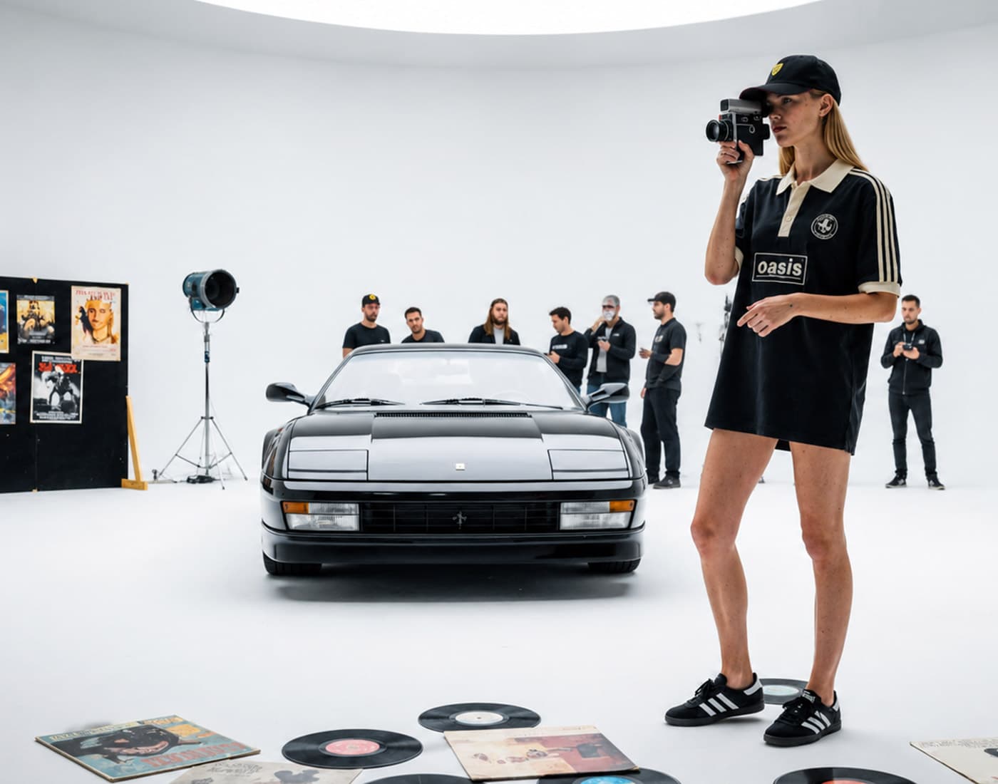 Set fotografico ricostruito con AI: coupé nera anni ottanta in studio, crew di sei persone e modella con macchina fotografica.