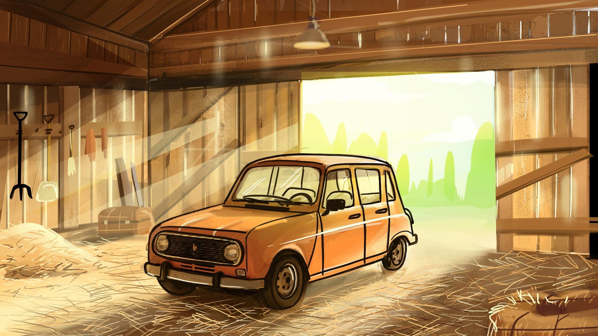Titine, prima: l'utilitaria arancione nel fienile nella versione illustrata del concept.